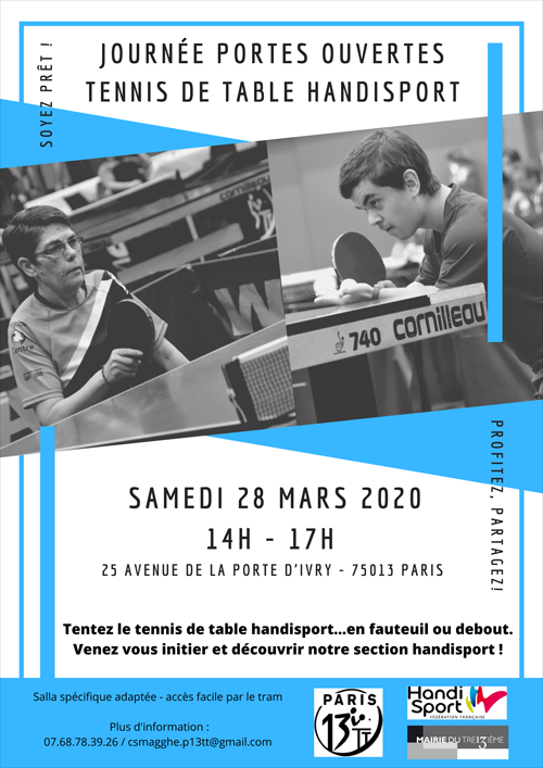 Initiation tennis de table handisport avec le club Paris 13 Tennis de Table - samedi 28 mars de 14h à 17h