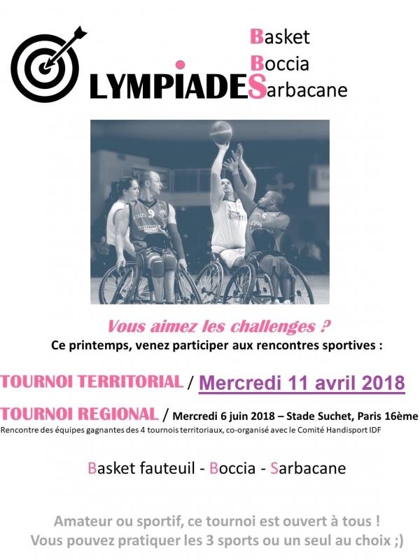 Affiche Olympiades BBS / Tournoi de Basket-fauteuil/Boccia/Sarbacane / 